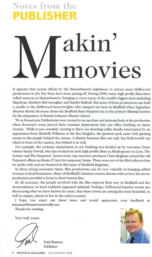 Medfield Magazine, Letter from Publisher