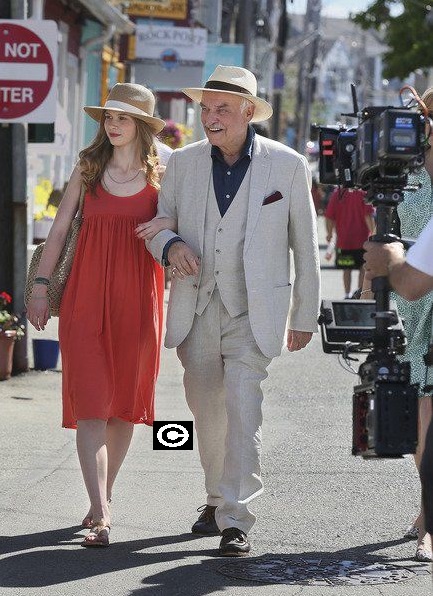 German actors Emilia Bernsdorf and Charles Brauer, who play granddaughter and grandfather in the German television film "Home Alone Mom", act in a scene filmed Monday on Bearskin Neck in Rockport (MIKE SPRINGER/Staff photo)